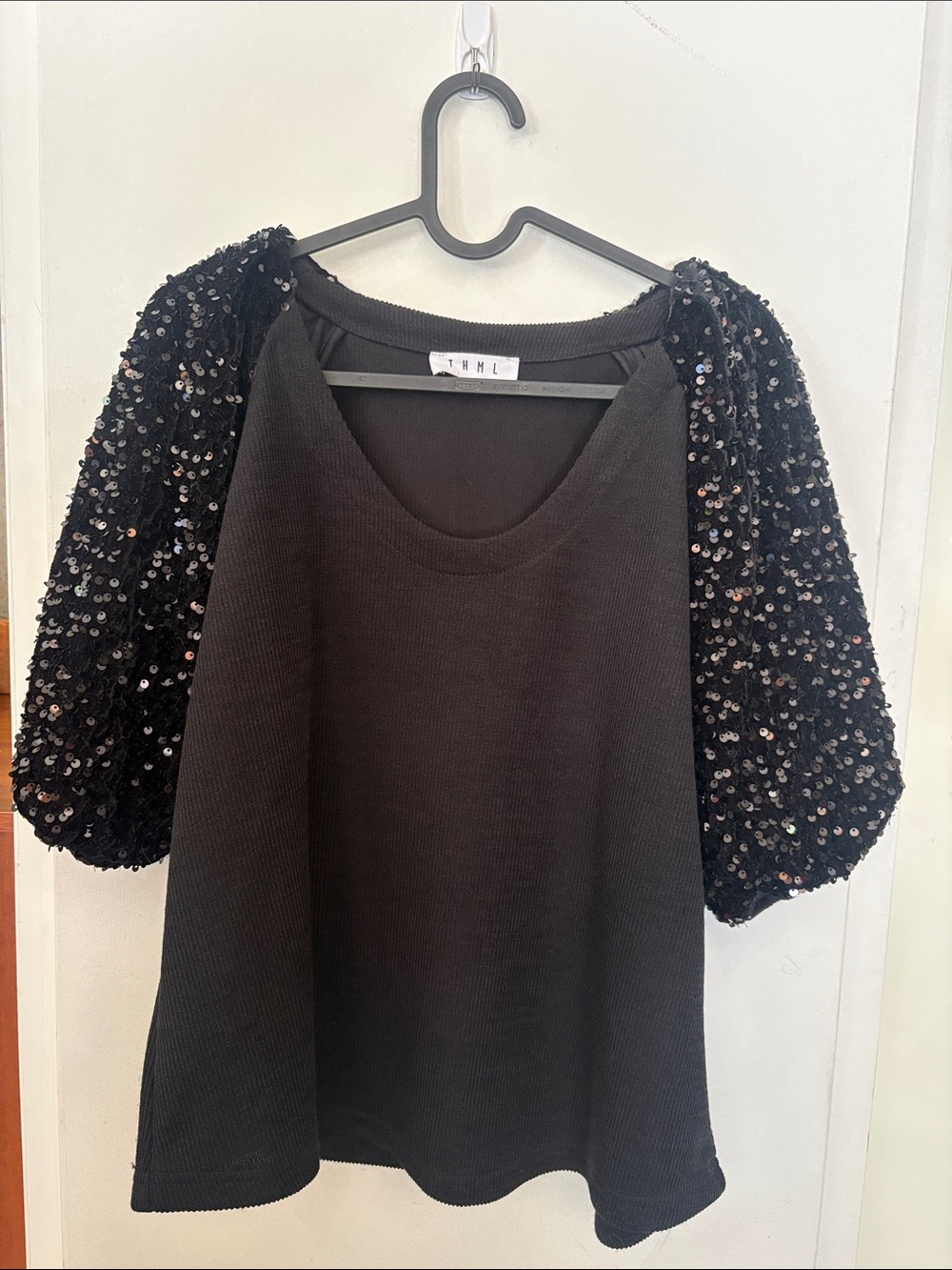 Vintage Inspired Black Sequin Puff Sleeve Top